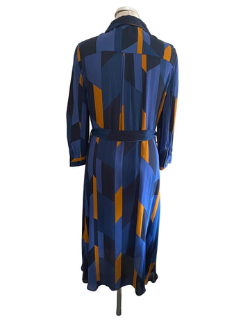 HOBBS NAVY & TAN PRINT A-LINE LONG SLEEVE BELTED SHIRT DRESS  SIZE 12