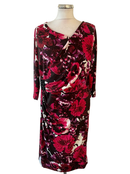 BRAND NEW NIGHTINGALES RED,PINK & PURPLES FLORAL PRINT STRETCH JERSEY DRESS  SIZE 18