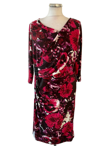 BRAND NEW NIGHTINGALES RED,PINK & PURPLES FLORAL PRINT STRETCH JERSEY DRESS  SIZE 18