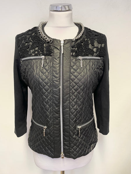 AIRFIELD BLACK QUILTED CHAIN & LACE TRIM ZIP FRONT THOUSAND JACKET SIZE UK 10
