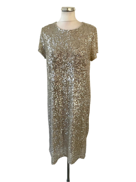 BRAND NEW LATTE SILVER SEQUINNED BEIGE SHORT SLEEVED SHIFT DRESS  SIZE L