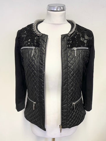 AIRFIELD BLACK QUILTED CHAIN & LACE TRIM ZIP FRONT THOUSAND JACKET SIZE UK 10