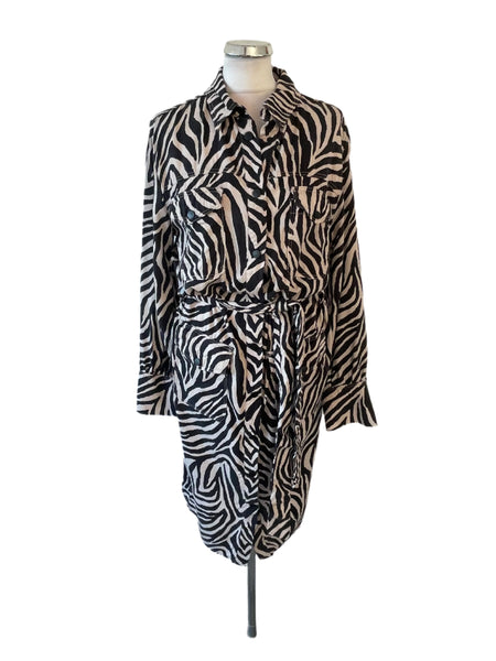 OUI BLACK & BEIGE ZEBRA PRINT LONG SLEEVED BELTED MIDI SHIRT DRESS  SIZE 12