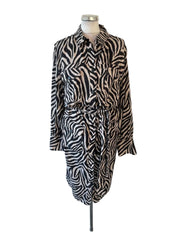 OUI BLACK & BEIGE ZEBRA PRINT LONG SLEEVED BELTED MIDI SHIRT DRESS  SIZE 12