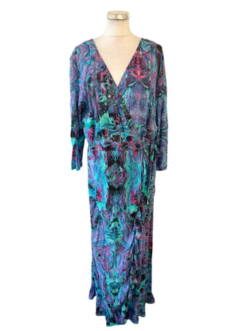 SOPHIA ALEXIS MULTI COLOURED FRILL TRIM WRAP MAXI DRESS SIZE L/XL LONG