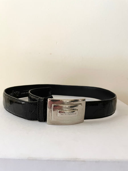 VINTAGE MULBERRY ROGER SAUL BLACK LEATHER SILVER PLATE STUD FASTEN BELT SIZE 26 INCH