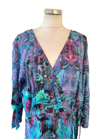 SOPHIA ALEXIS MULTI COLOURED FRILL TRIM WRAP MAXI DRESS SIZE L/XL LONG