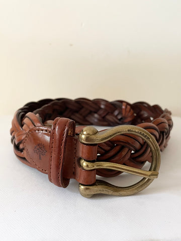 MULBERRY BROWN PLAITED LEATHER BRASS BUCKLE BELT SIZE S /26 INCH