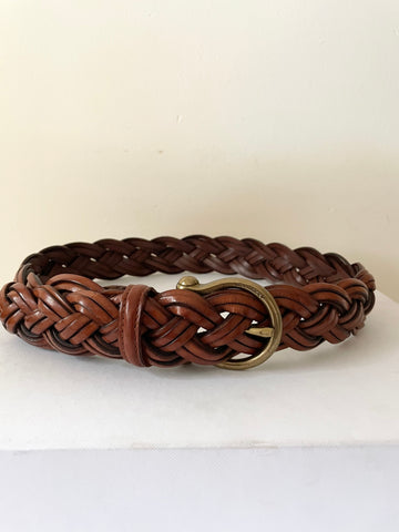 MULBERRY BROWN PLAITED LEATHER BRASS BUCKLE BELT SIZE S /26 INCH