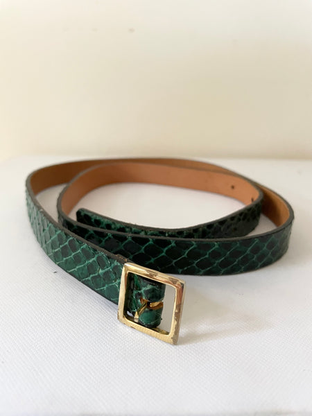MULBERRY GREEN LEATHER SNAKESKIN GOLD BUCKLE SKINNY BELT SIZE L