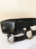MULBERRY BLACK LEATHER POCKET & BRASS RING DETAILED TWIN BUCKLE BELT SIZE S