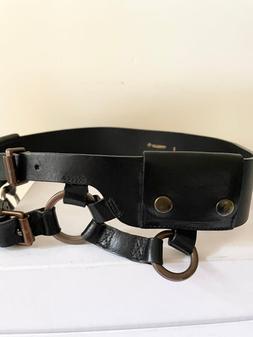 MULBERRY BLACK LEATHER POCKET & BRASS RING DETAILED TWIN BUCKLE BELT SIZE S