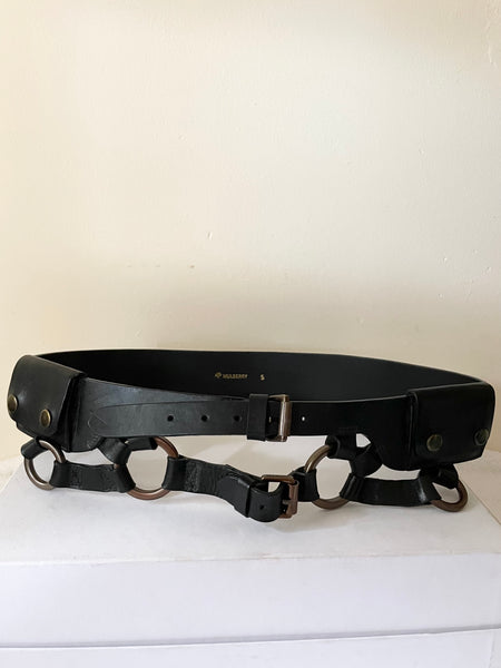 MULBERRY BLACK LEATHER POCKET & BRASS RING DETAILED TWIN BUCKLE BELT SIZE S