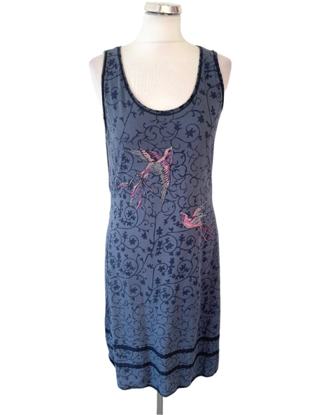 OUI MOMENTS BLUE COTTON PRINT BIRD MOTIF SLEEVELESS JERSEY DRESS  SIZE 14