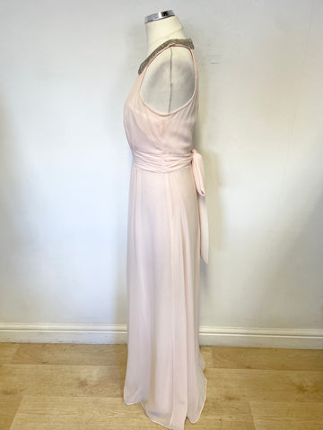 PHASE EIGHT PINK CHIFFON SILVER BEADED NECKLINE LONG OCCASION DRESS SIZE 8