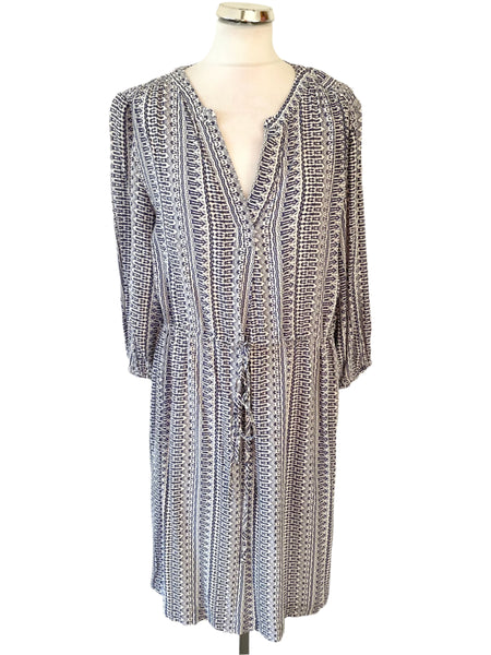 PURE COLLECTION BLUE & WHITE PRINT 3/4 SLEEVE DRAWSTRING WAIST DRESS  SIZE 14