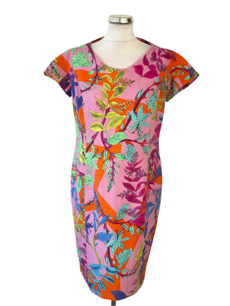 MARCCAIN MULTI COLOURED FLORAL PRINT SHORT SLEEVE PENCIL DRESS SIZE N5 UK 16