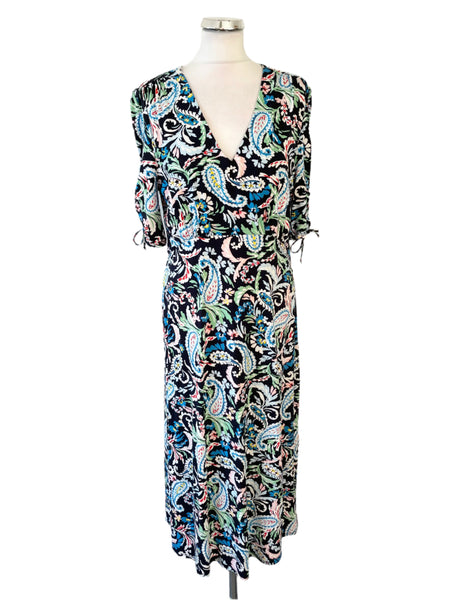 HOBBS BLACK & MULTI COLOURED PAISLEY PRINT SHORT SLEEVE MIDI DRESS SIZE 14