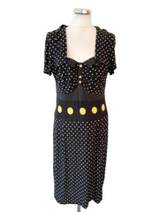 TUZZI BLACK,WHITE & YELLOW SPOT SHORT SLEEVE DRESS SIZE 14