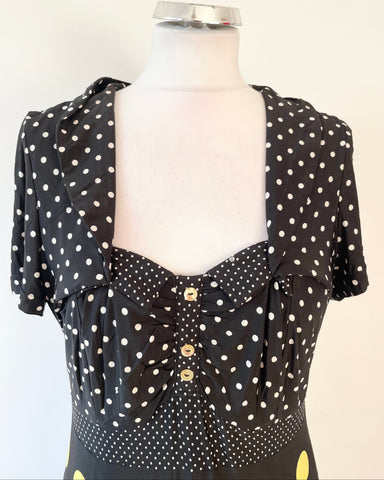 TUZZI BLACK,WHITE & YELLOW SPOT SHORT SLEEVE DRESS SIZE 14