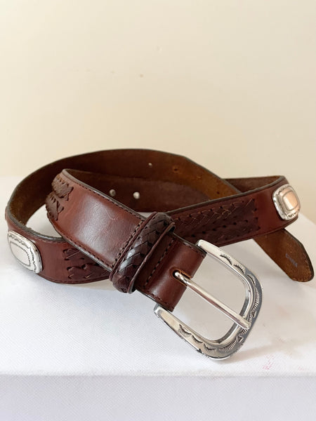 VINTAGE BRIGHTON BROWN LEATHER  PLAITED & SILVER TRIM BUCKLE BELT SIZE 34 IN
