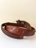 VINTAGE BRIGHTON BROWN LEATHER  PLAITED & SILVER TRIM BUCKLE BELT SIZE 34 IN