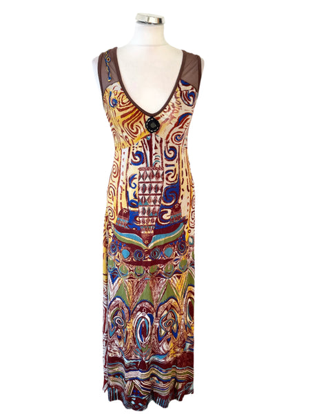 SAVE THE QUEEN BROWN & MULTI COLOURED PRINT SLEEVELESS MAXI DRESS  SIZE XL