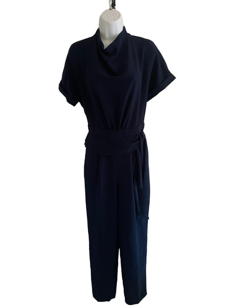 REISS SILVA NAVY BLUE HIGH NECK TAPERED LEG TIE SIDE JUMPSUIT SIZE 8