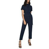 REISS SILVA NAVY BLUE HIGH NECK TAPERED LEG TIE SIDE JUMPSUIT SIZE 8