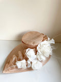 NIGEL RAYMENT COUTURE PEACH & WHITE FLOWER & FEATHER TRIM SHAPED WIDE BRIM FORMAL HAT