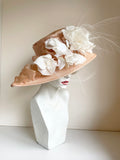 NIGEL RAYMENT COUTURE PEACH & WHITE FLOWER & FEATHER TRIM SHAPED WIDE BRIM FORMAL HAT