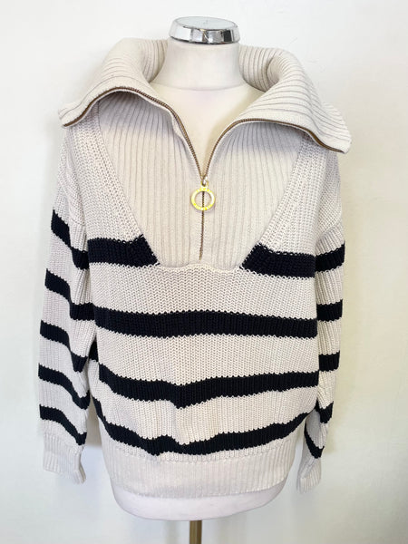 TOMMY HILFIGER IVORY & NAVY BLUE STRIPE COLLARED ZIP NECK LONG SLEEVED JUMPER SIZE XS