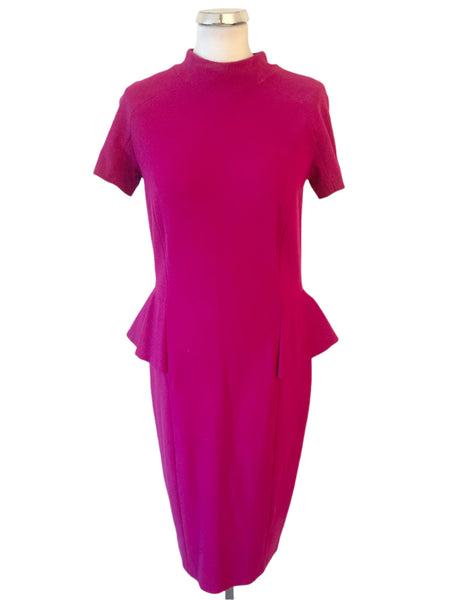 MARCCAIN RASPBERRY PINK SHORT SLEEVED PEPLUM TRIM PENCIL DRESS SIZE N4 UK 14/16