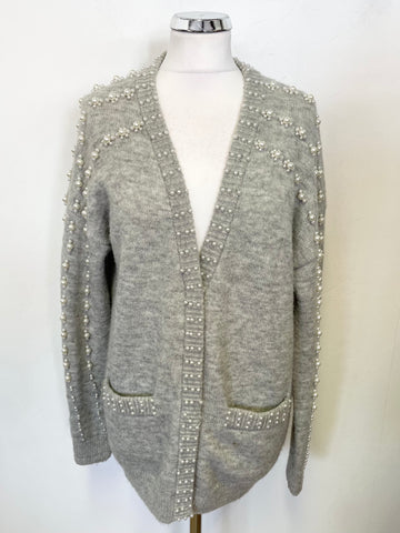 MAJE GREY PEARL BEAD TRIMMED LONG SLEEVED RELAXED FIT CARDIGAN SIZE 1 UK 8/10