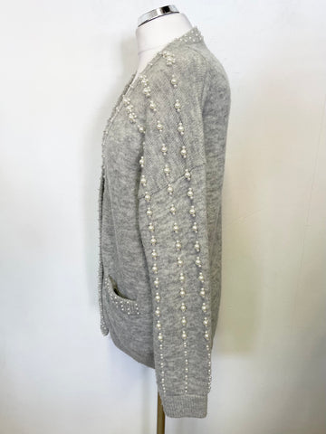 MAJE GREY PEARL BEAD TRIMMED LONG SLEEVED RELAXED FIT CARDIGAN SIZE 1 UK 8/10