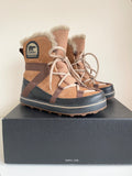 BRAND NEW SOREL TAN SUEDE LACE UP GLACY EXPLORER SHORTIE SNOW BOOTS SIZE 5/