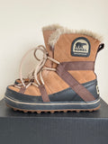 BRAND NEW SOREL TAN SUEDE LACE UP GLACY EXPLORER SHORTIE SNOW BOOTS SIZE 5/