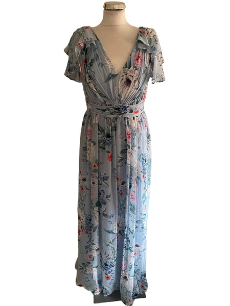 ADRIANNA PAPELL BLUE FLORAL PRINT MAXI DRESS SIZE 12