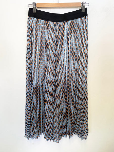 MAJE BLUE, BLACK & BRONZE PRINT KNIFE PLEATED MIDI SKIRT SIZE 36 UK 8