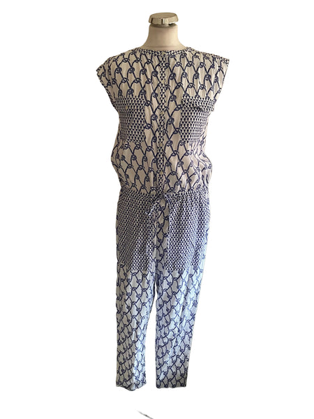 SOMERSET BY ALICE TEMPERLEY BLUE & WHITE ROPE PRINT JUMPSUIT SIZE 10