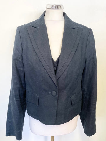 PER UNA PURE LINEN NAVY ATTACHED WAISTCOAT TAILORED LONG SLEEVED JACKET SIZE 14