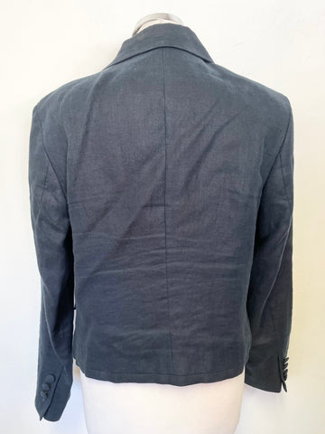 PER UNA PURE LINEN NAVY ATTACHED WAISTCOAT TAILORED LONG SLEEVED JACKET SIZE 14