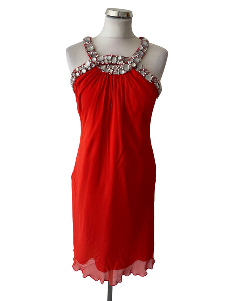 BRAND NEW DUSK ORANGE SILK JEWEL TRIM SPECIAL OCCASION/ COCKTAIL DRESS  SIZE 12