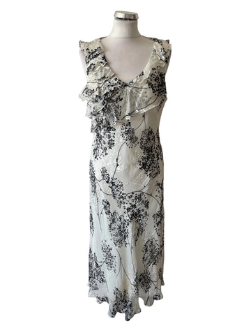 COUNTRY CASUALS SILK MIX WHITE & BLACK PRINT BIAS CUT PCCASION DRESS SIZE 14