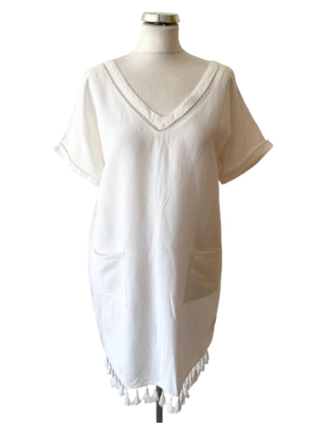 SOSANDER WHITE LINEN BLEND SHORT SLEEVE FRINGE HEM SHIFT DRESS SIZE 14