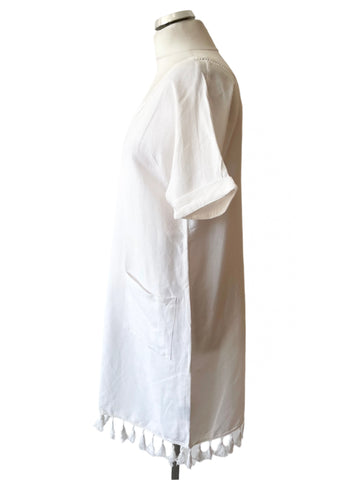 SOSANDER WHITE LINEN BLEND SHORT SLEEVE FRINGE HEM SHIFT DRESS SIZE 14