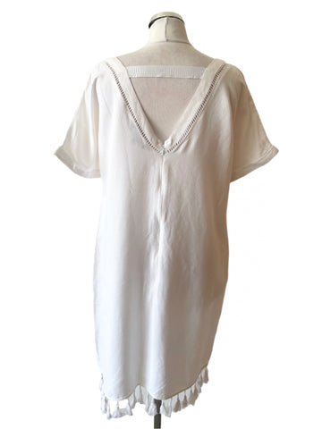 SOSANDER WHITE LINEN BLEND SHORT SLEEVE FRINGE HEM SHIFT DRESS SIZE 14