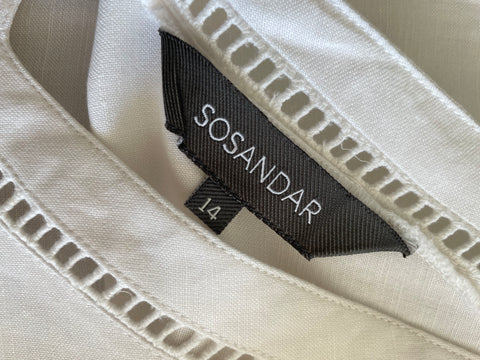 SOSANDER WHITE LINEN BLEND SHORT SLEEVE FRINGE HEM SHIFT DRESS SIZE 14