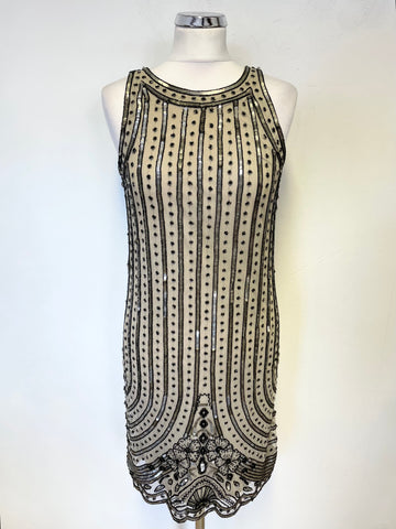 BRAND NEW MONSOON LIMITED EDITION BEIGE & BLACK BEADED & SILVER SEQUINNED SPECIAL OCCASION DRESS SIZE 10