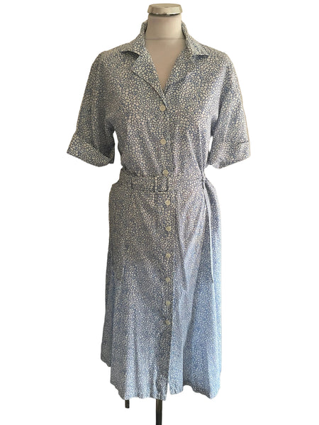 LIBERTY 100% COTTON BLUE & WHITE DITSY FLORAL PRINT BELTED MIDI DRESS SIZE 16